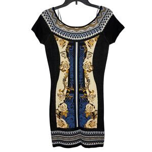 Jealous Tomato Bodycon Black Blue Multi Print Mini Dress Cap Sleeve Large